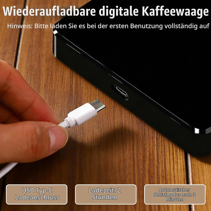 Kaffeewaage mit Timer, 3kg/0.1g Wiederaufladbare Digitale Küchenwaage, Tragbar mit LED-Anzeige &amp; Aut