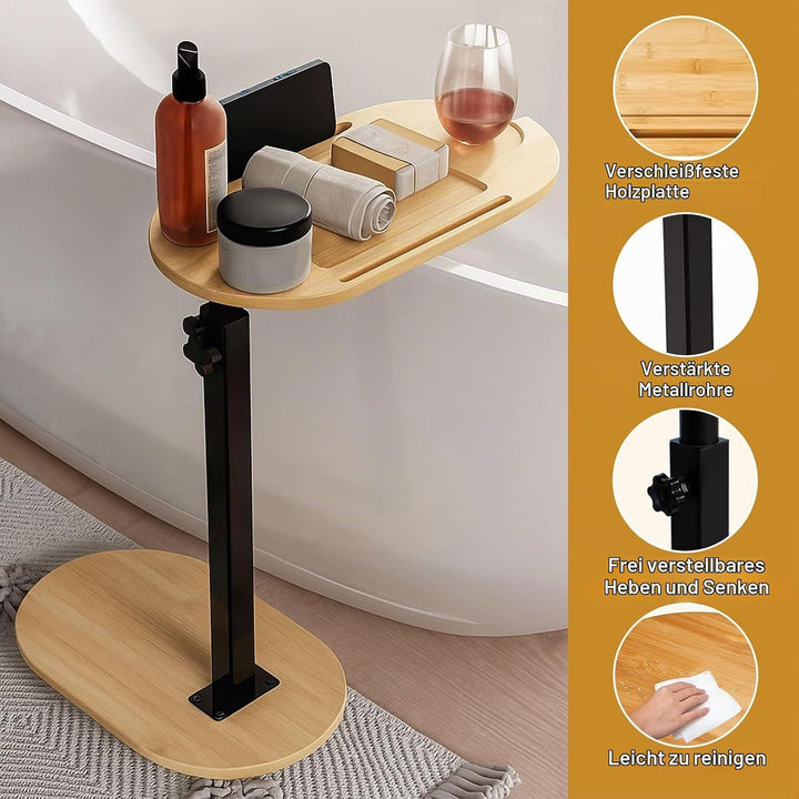 Beistelltisch C Form 360° Rotierbarer und Höhenverstellbar Sofatisch Kleiner Tisch Bambusholz und Me