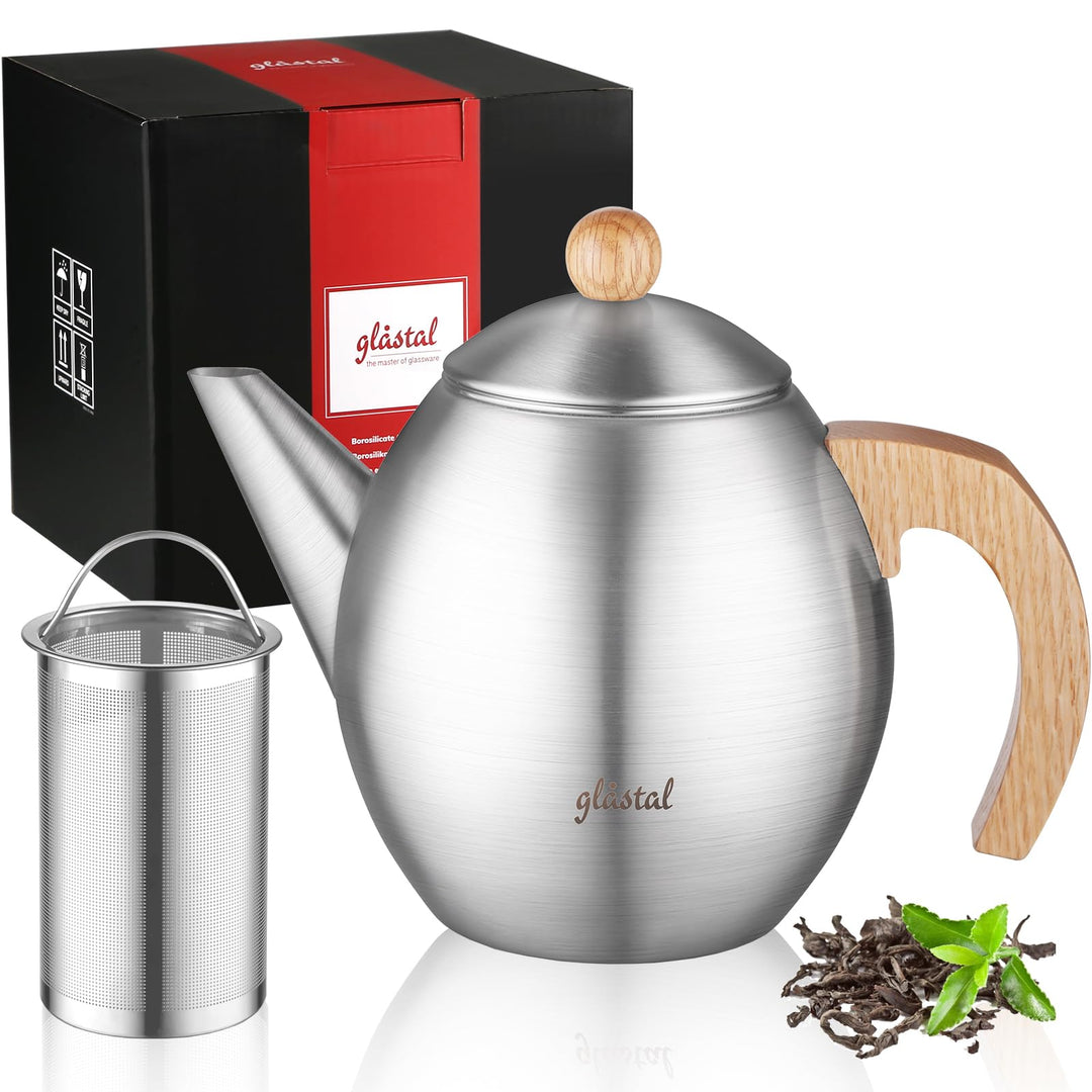glastal Silberne Teekanne aus Edelstahl 1200ml mit 18/8 Edelstahl Teesieb Teebereiter Geeignet für T