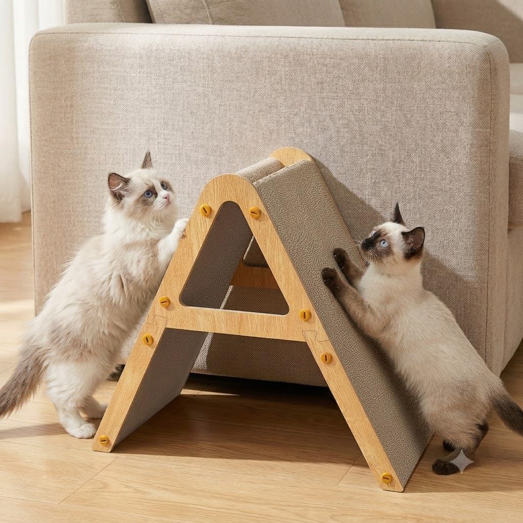 A-Frame Kratzmöbel aus Recycling-Pappe & Holzrahmen, beidseitiges Kratzbrett für Kitten, Kratzliege