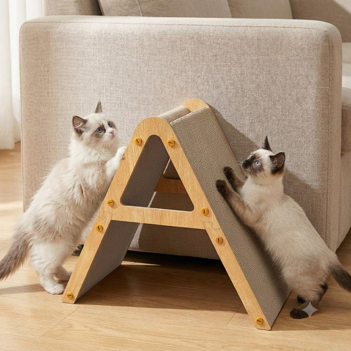 A-Frame Kratzmöbel aus Recycling-Pappe & Holzrahmen, beidseitiges Kratzbrett für Kitten, Kratzliege