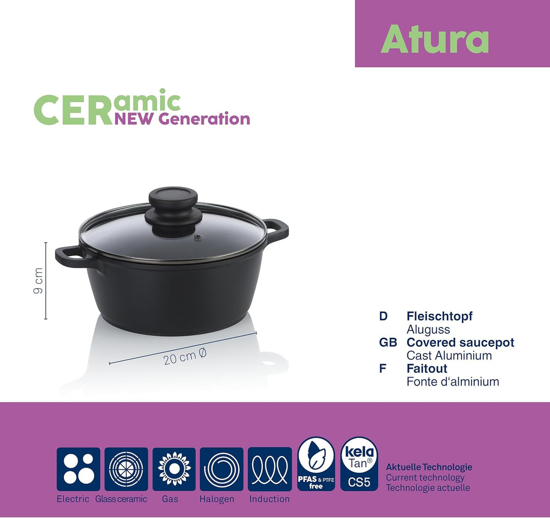 kela Fleischtopf 20 cm mit Glasdeckel ATURA, Kochtopf klein 1,7 Liter, Topf Induktion, Aluguss keram