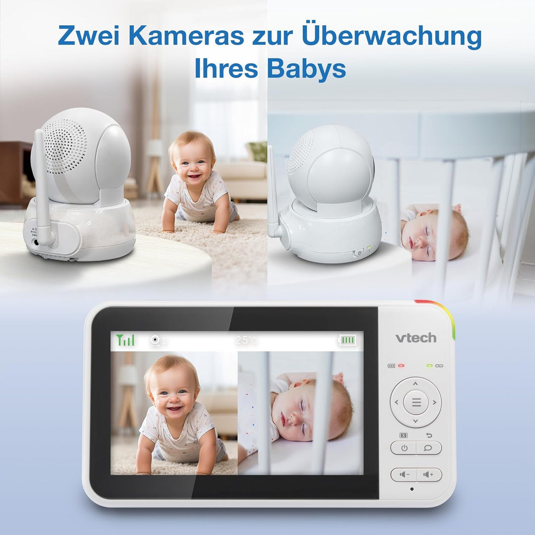 VTech VM924-2 Video-Babyphone mit 5-Zoll-LCD-Farbbildschirm und 2 Kameras, bis zu 17 h Video- und 31