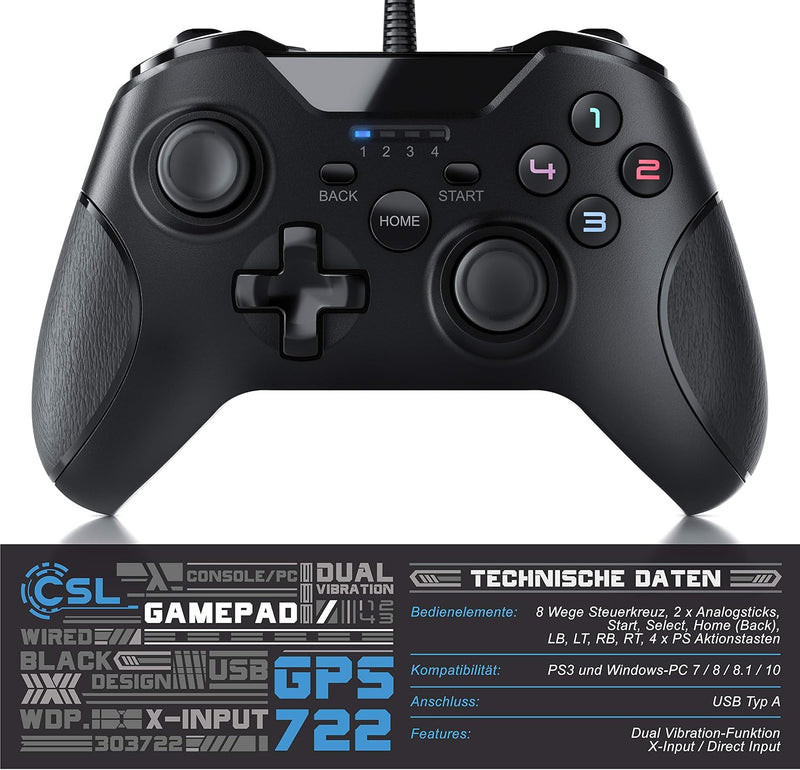 CSL - Gamepad für PC im Xbox Design - Controller kabelgebunden - hochwertige Analogsticks - geringe