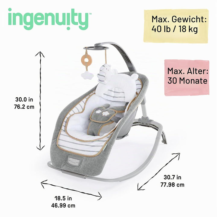 Ingenuity, Bella Teddy Schaukelstuhl und -sitz mit Vibrationen, Musik, Naturgeräuschen und Lautstärk