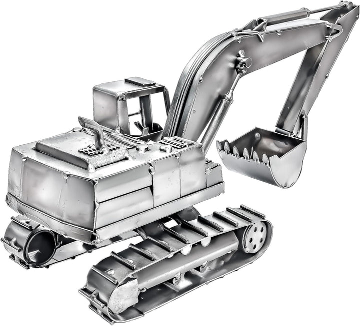 STEEMO Metallkunst Deko-Bagger: Kettenbagger - Baumaschinen Bürodeko, Stahl, Grau, 35x12x17 cm - Ech