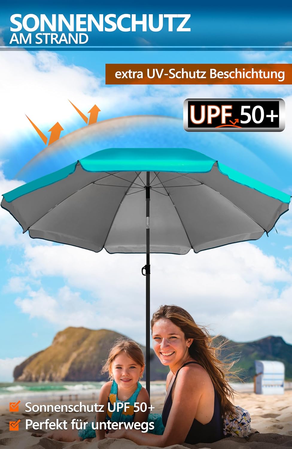 4smile Sonnenschirm Strand Ø 200 cm, 3-in-1 SET mit Bodenhülse, Türkis | UPF 50+ Strandschirm + Sonn