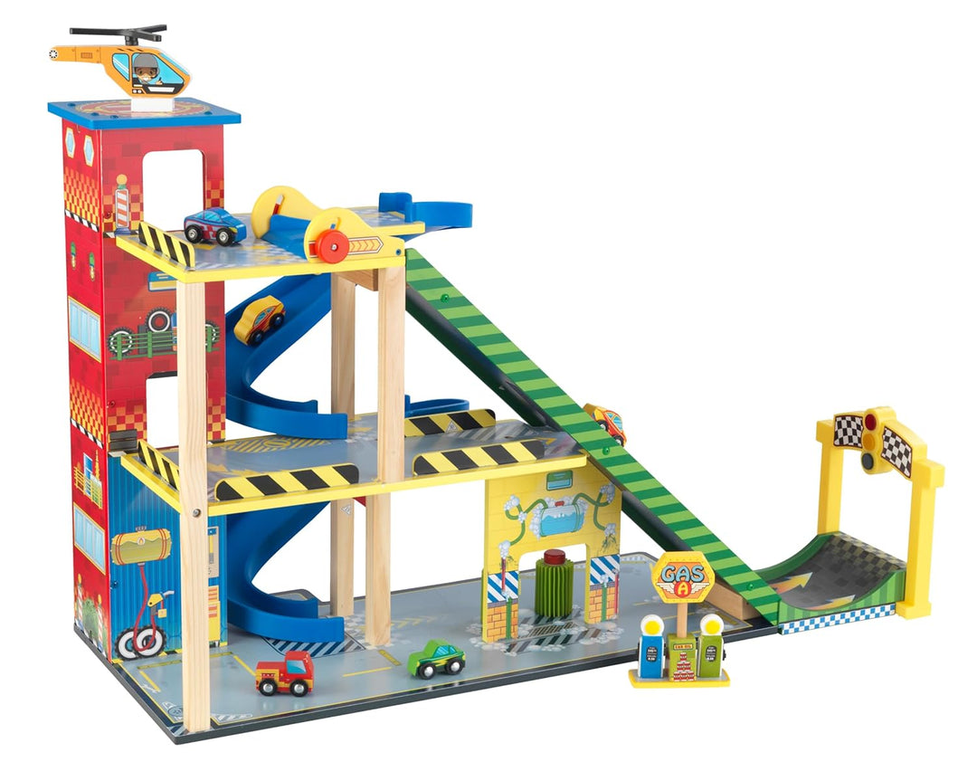 KidKraft 63267 Rennwagen Rennbahn-Set mit Mega-Rampe aus Holz,