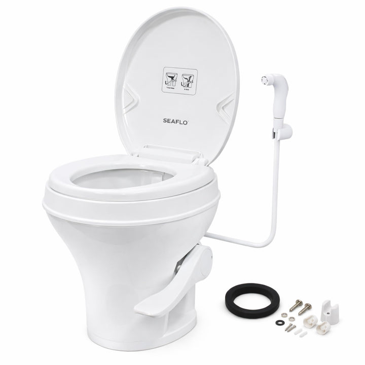 SEAFLO Wohnmobil-WC – Standardhöhe, Schwerkraftspülung, Fusspedal, sanft schliessender Deckel Wohnmo