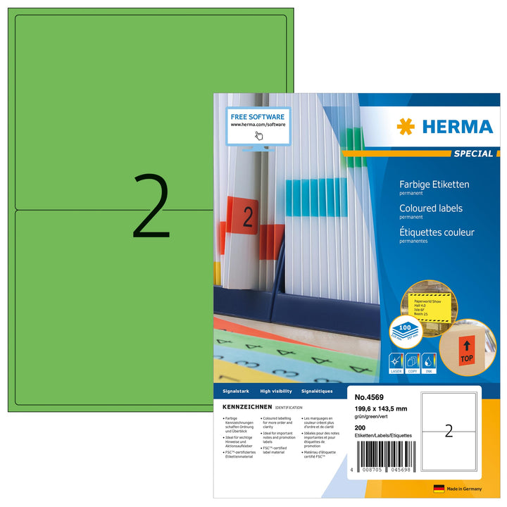 HERMA 4569 Farbige Etiketten grün, 100 Blatt, 199,6 x 143,5 mm, 2 Stück pro A4 Bogen, 200 Aufkleber,