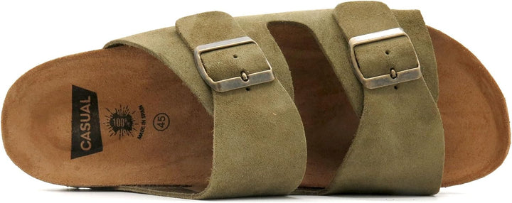 Casual Herren Pantoletten Nubuk Leder Sandalen Korksohle &amp; Echtleder Fussbett 39-47 42 EU Khaki, 42