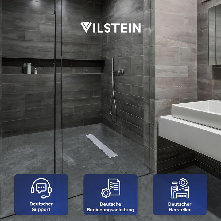 VILSTEIN Duschrinne 120cm, Edelstahl Bodenablauf Komplettset extra flach, Siphon mit Geruchsstop, Ha