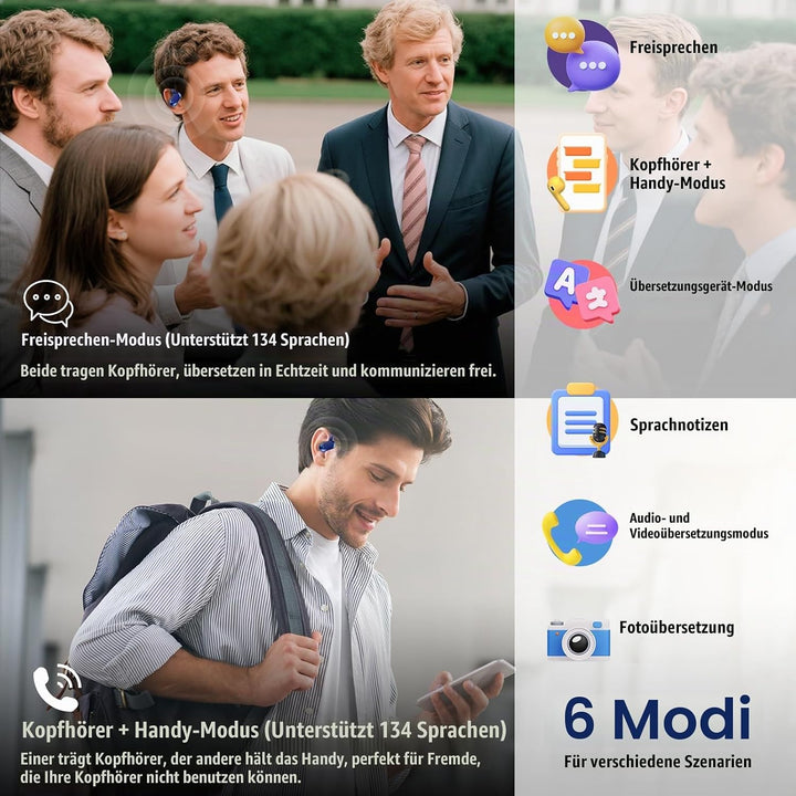 AI Kopfhörer Übersetzer, Echtzeit Sprachübersetzer Kopfhörer 164 Sprachen mit App, 6 Übersetzungsmod