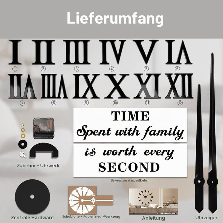 Mintime Rahmenlose 3D DIY Wanduhr XXL Stumm Spiegel Aufkleber Home Office Schule Dekoration (Schwarz