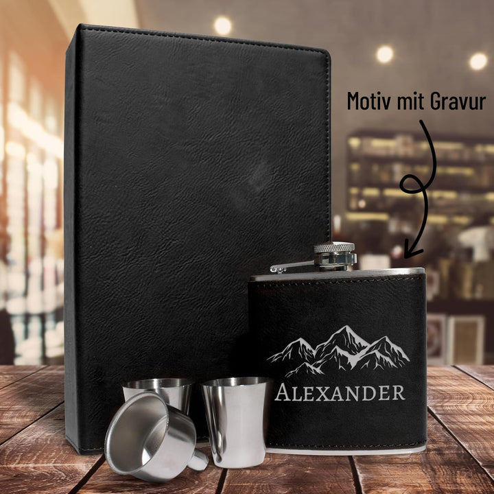 Flachmann Set personalisiert mit Gravur - Berge-Design mit deinem Namen - Edelstahl mit Kunstleder –