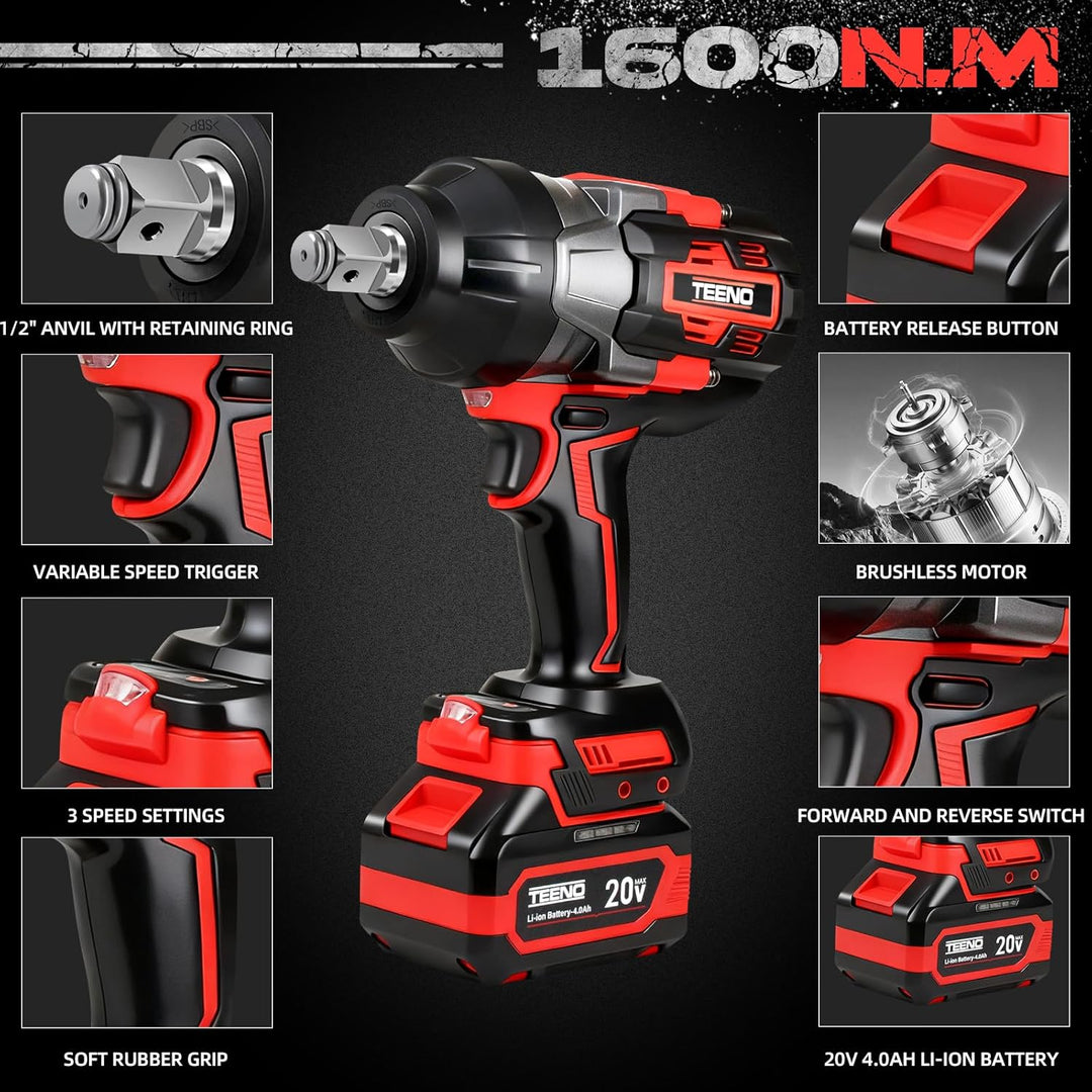 TEENO 3/4 Zoll Akku-Schlagschrauber Brushless, 1600 N·m Drehmoment, 2×4,0 Ah Akkus, Adapter 3/4" auf
