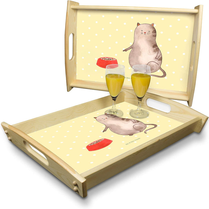 Mr. & Mrs. Panda Holztablett Katze Fressen - Geschenk, Frühstückstablett, Küchentablett, Katzenmotiv