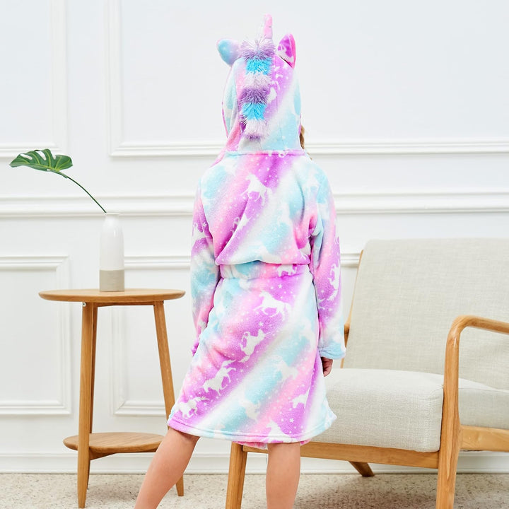 Piefry Weicher Einhorn-Bademantel mit Kapuze für Mädchen mit Einhorn-Pantoffeln, Augenbinde und Stir