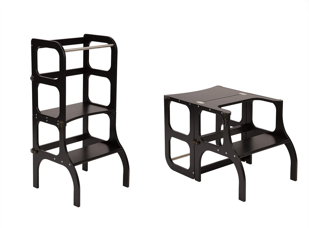Klappbarer Lernturm mit Sitzfunktion, 45 cm Stehhöhe, Step’n’Sit, Lernturm mit Sitz und Tisch umklap