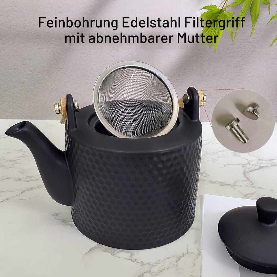 Japanisches Teeservice Keramik Schwarz, Vintage Porzellan Teeset mit Sieb, 900ML Porzellan Teekanne