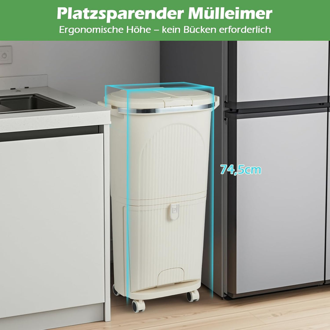 COSTWAY Mülleimer Küche, Mülltrennsystem 3 Fächer, 2 x 12L Inneneimer & 14L Treteimer, Abfalleimer m