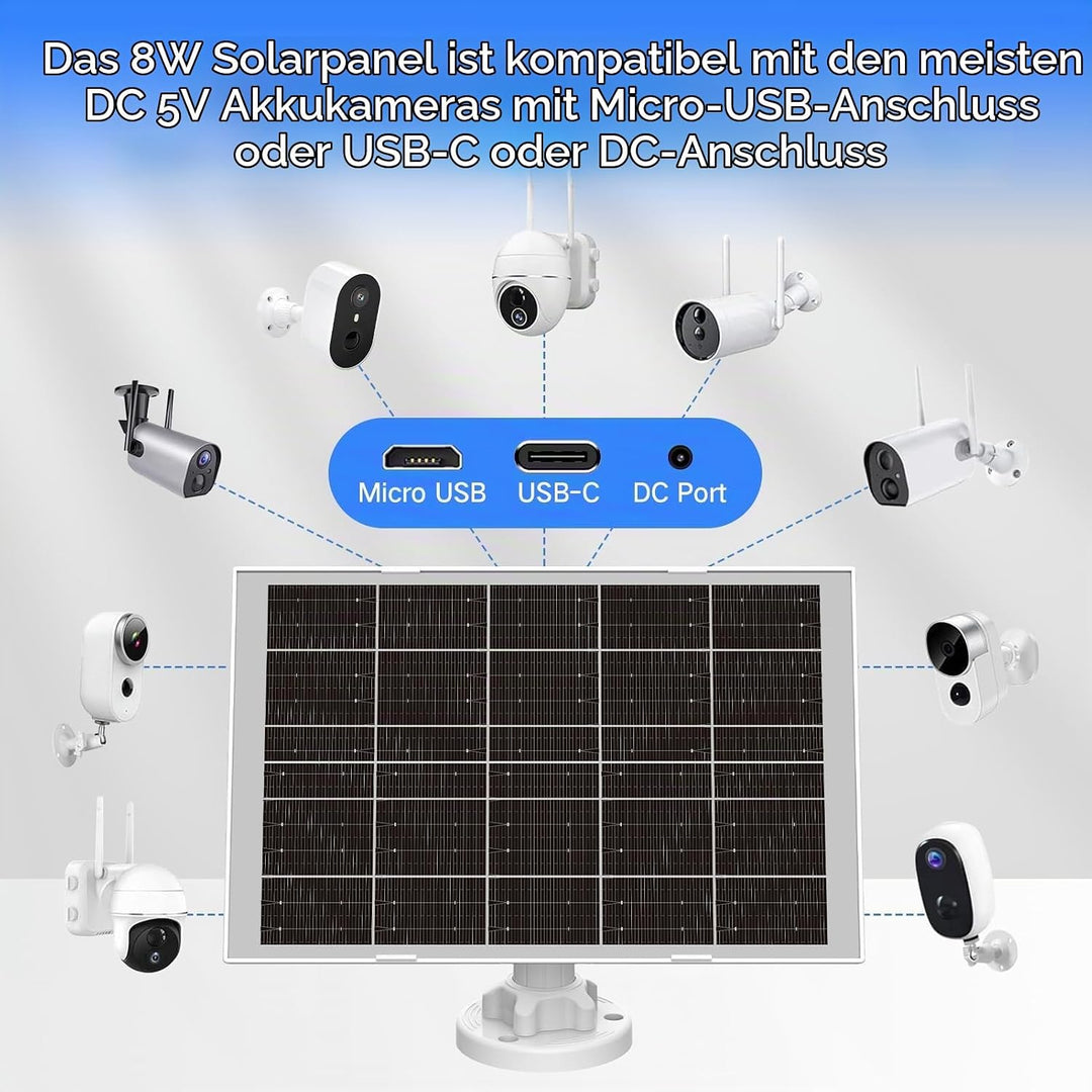 8W Solarpanel für Überwachungskamera Aussen Akku – Solar Panel mit 3‑in‑1 USB‑C/Micro/DC, inkl. 360°