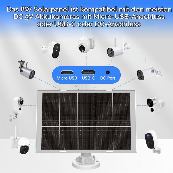 8W Solarpanel für Überwachungskamera Aussen Akku – Solar Panel mit 3‑in‑1 USB‑C/Micro/DC, inkl. 360°