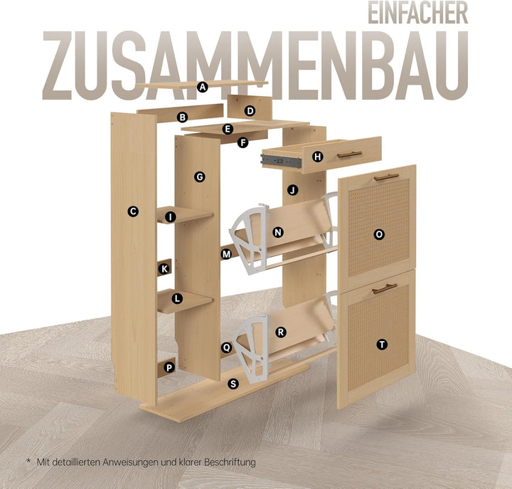 Schuhschrank schmal Holzoptik & handgefertigtes Rattan, moderner Schuhschrank mit Schublade – für Fl