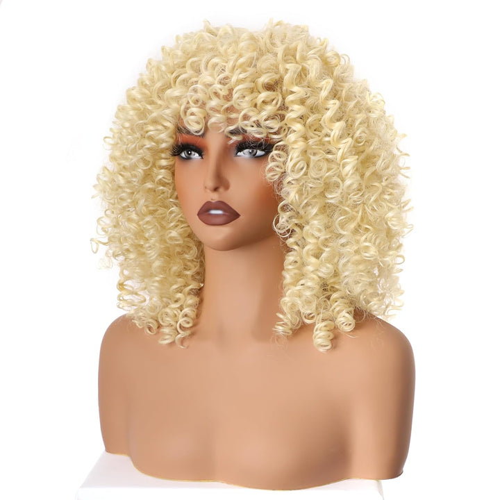 PORSMEER Lockige Afro Perücke Blonde Natürliche Kunsthaar mit Pony für Frauen Schulterlänge Afro Kin