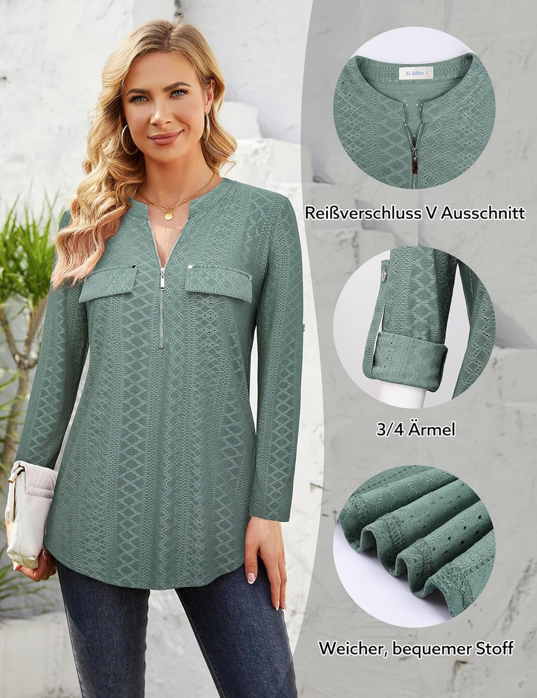 Siddhe Damen V-Ausschnitt Bluse 3/4 Ärmel Tunika Reissverschluss Langshirt Langarm Hemd Tops T-Shirt