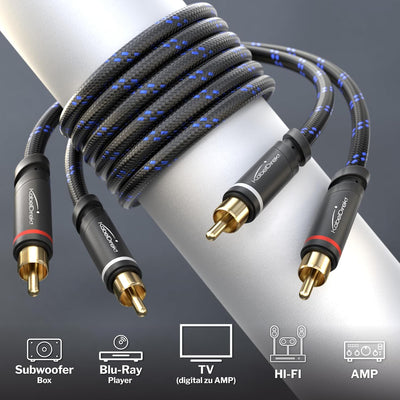 RCA/Phono Cable, 2×2 Plugs – 10m – Stereo Audio Cable, Nylon Braided, Break-Proof Metal Plugs, Flawl