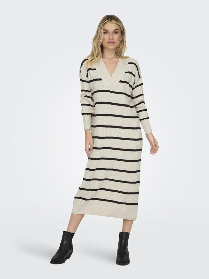 ONLY Female Strickkleid Onlnew Langes Kleid XXL Pumice Stone/Stripes:black, XXL Pumice Stone/Stripes