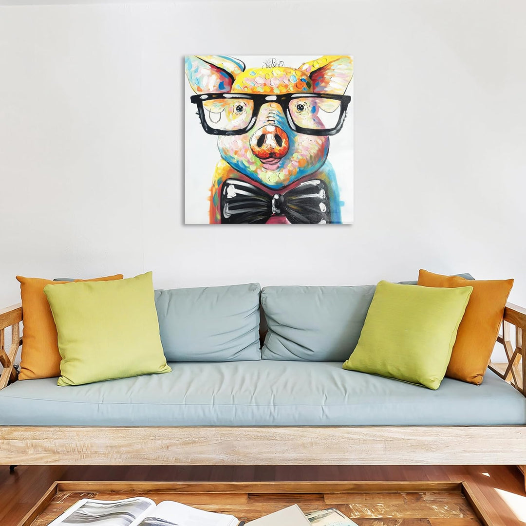 Fokenzary handbemalt Cute Pig mit Brille Pop Art Wand Leinwand Gemälde gerahmt fertig zum Aufhngen 1
