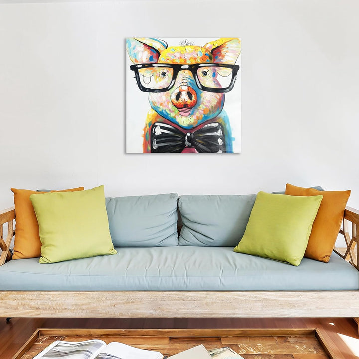 Fokenzary handbemalt Cute Pig mit Brille Pop Art Wand Leinwand Gemälde gerahmt fertig zum Aufhngen 1