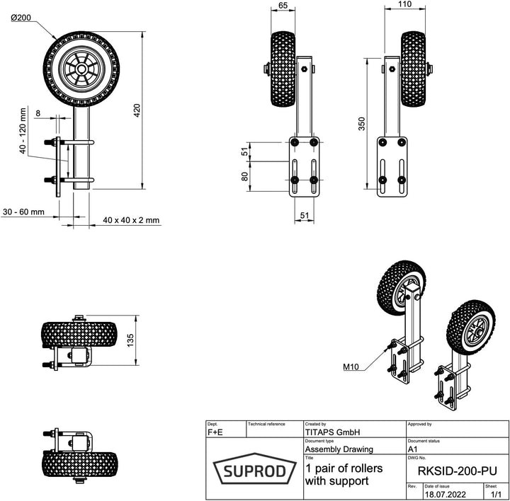 SUPROD 1 Paar Sliprollen mit Stütze, Sliphilfe, Bootstrailer, PU-Reifen, RKSID-200-PU, Ø200 grau/bla