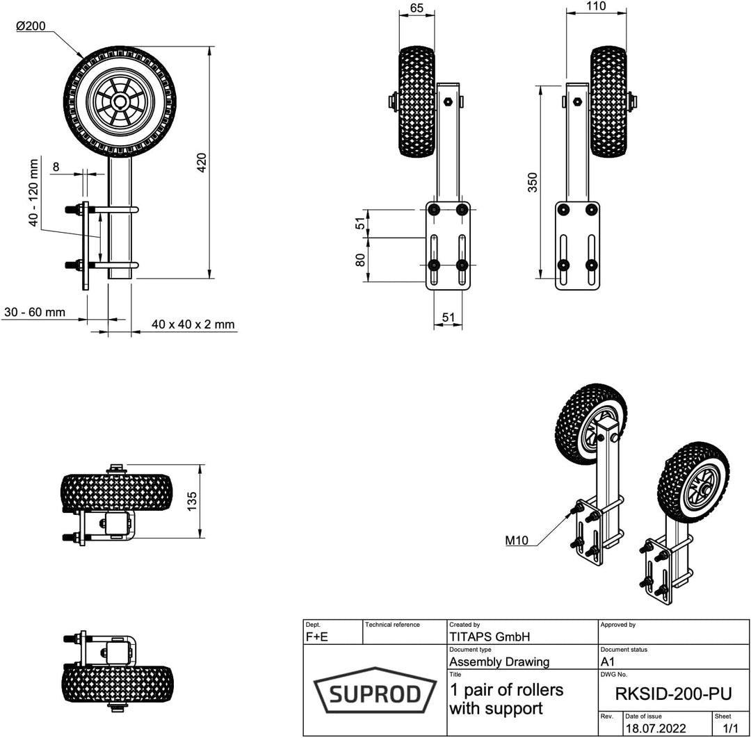 SUPROD 1 Paar Sliprollen mit Stütze, Sliphilfe, Bootstrailer, PU-Reifen, RKSID-200-PU, Ø200 grau/sch
