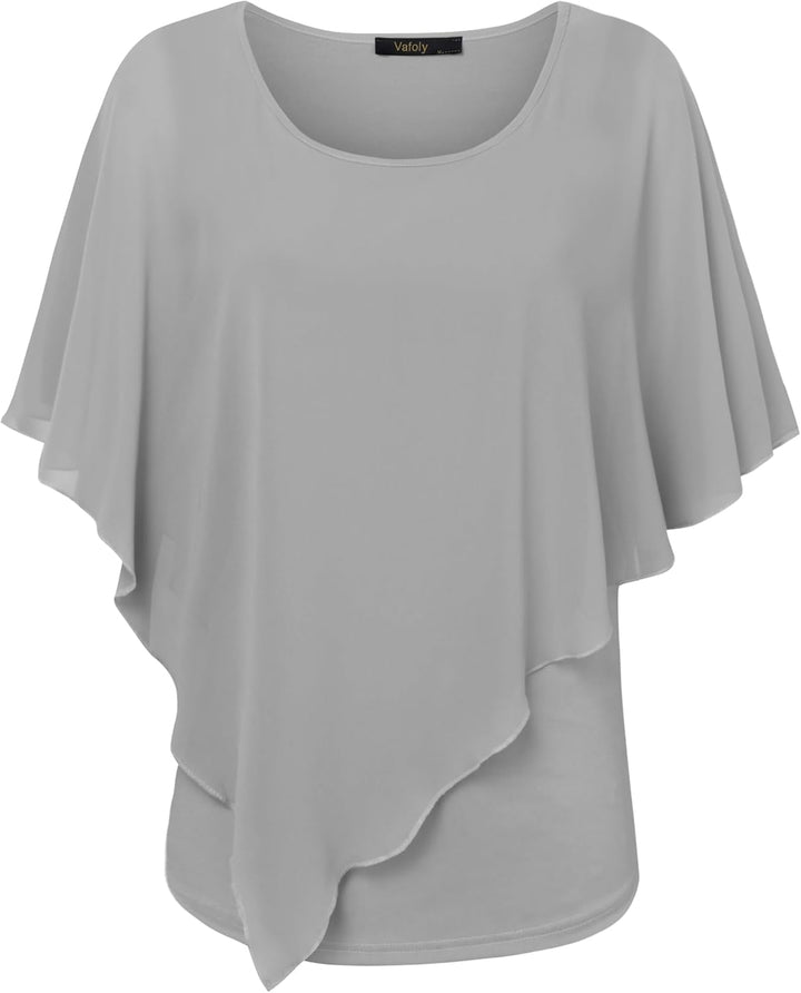 Damen Chiffon Lose Fledermaus Bluse mit Kurzen Flatter ärmel Leichte Fliessende Bluse Rundhalsaussch