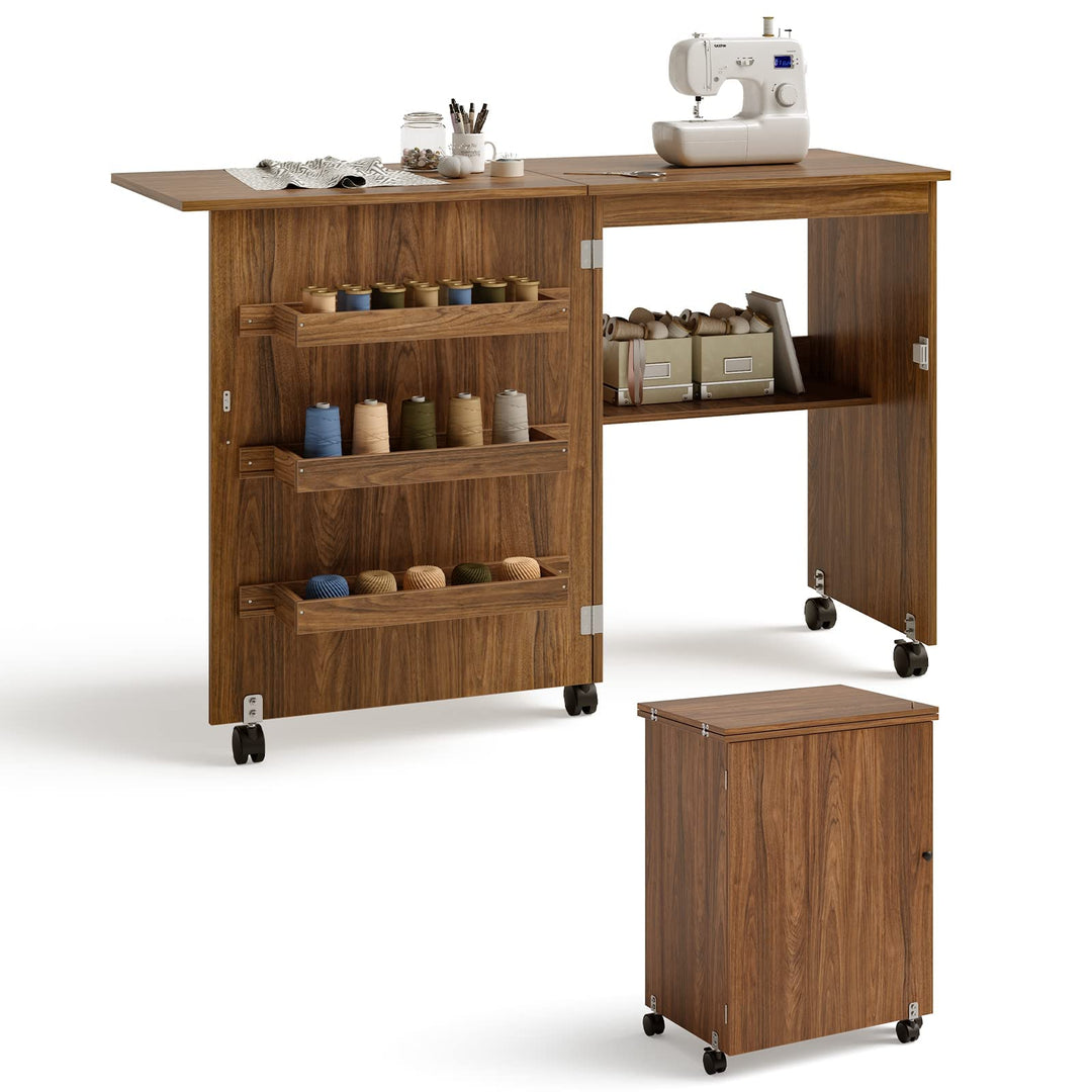 COSTWAY 2 in 1 Nähschrank & Schreibtisch klappbar, Nähtisch aus Holz mit 3 Einlegeböden für Spulen &
