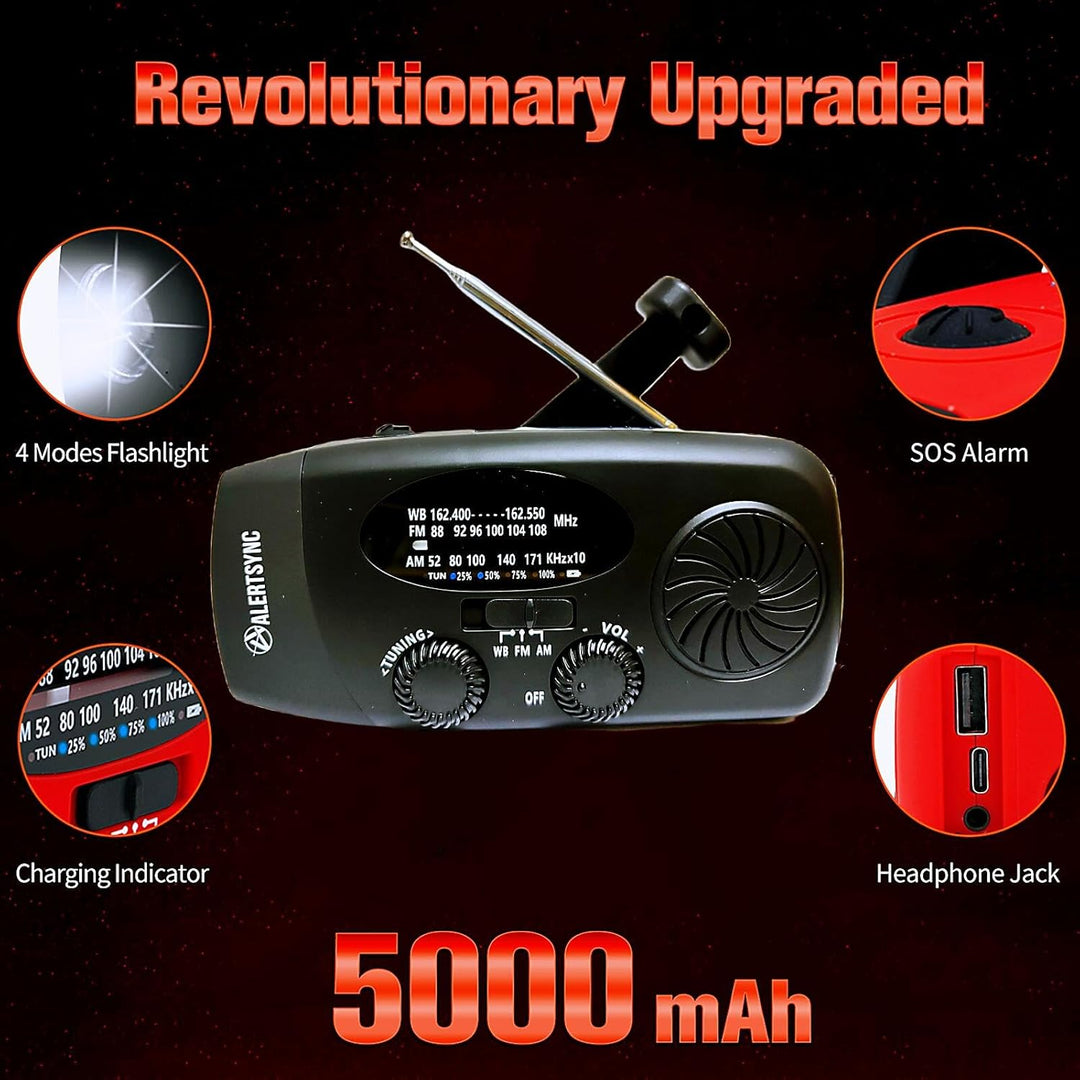 NOAA 5000 mAh Notfall-Wetterradio, FM, AM, Handkurbel-Radios, Solar-Radio mit SOS, Kopfhöreranschlus