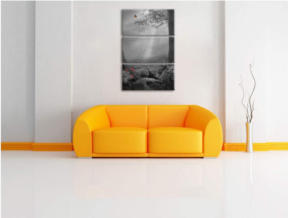 Märchenwald mit Schmetterling schwarz/weiss 3-Teiler Leinwandbild 120x80 Bild auf Leinwand, XXL ries
