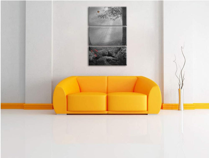 Märchenwald mit Schmetterling schwarz/weiss 3-Teiler Leinwandbild 120x80 Bild auf Leinwand, XXL ries