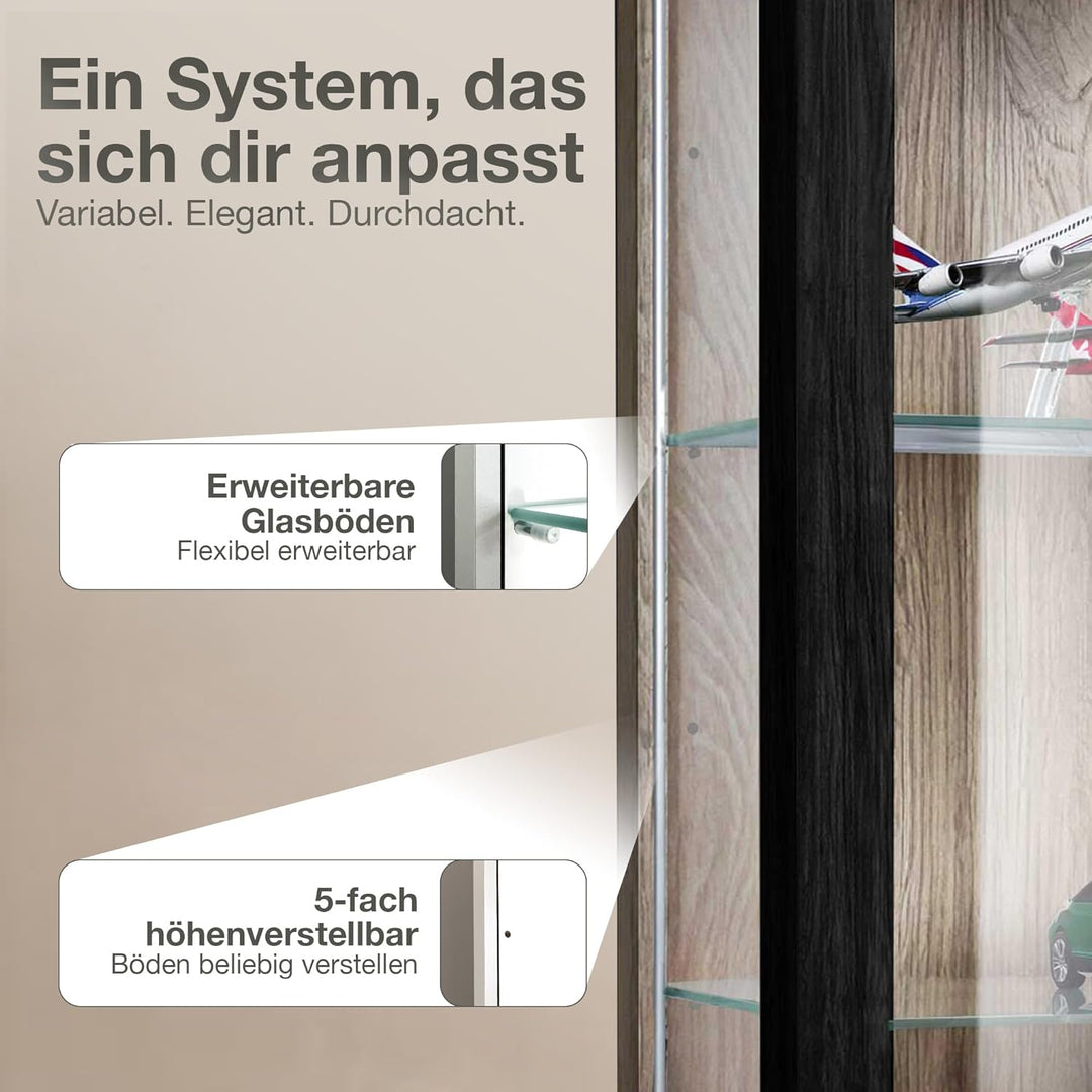 Hängevitrine Glas (80x60x25cm) - Made in Germany - Glasvitrine hängend mit 2 höhenverstellbaren Glas