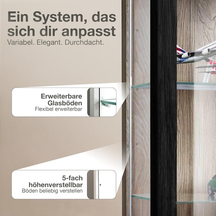 Hängevitrine Glas (80x60x25cm) - Made in Germany - Glasvitrine hängend mit 2 höhenverstellbaren Glas