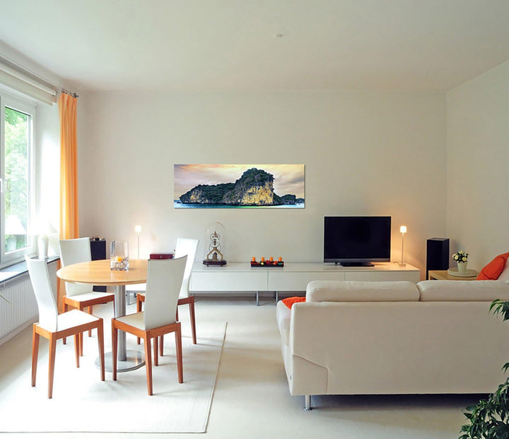 Paul Sinus Art Panoramabild auf Leinwand und Keilrahmen 150x50cm Vietnam Halong Bay Fels Meer Wolken