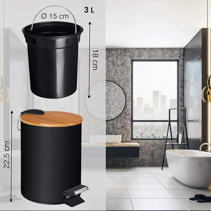 VMbathrooms 3L Kosmetikeimer in edlem schwarzem Design | Tretmülleimer mit Absenkautomatik (Soft Clo
