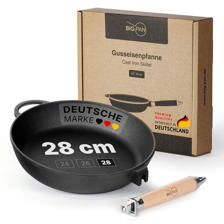 Premium Gusseisenpfanne Induktion 28 cm Pfanne Gusseisen UNBESCHICHTET sandgestrahlt universell Cast