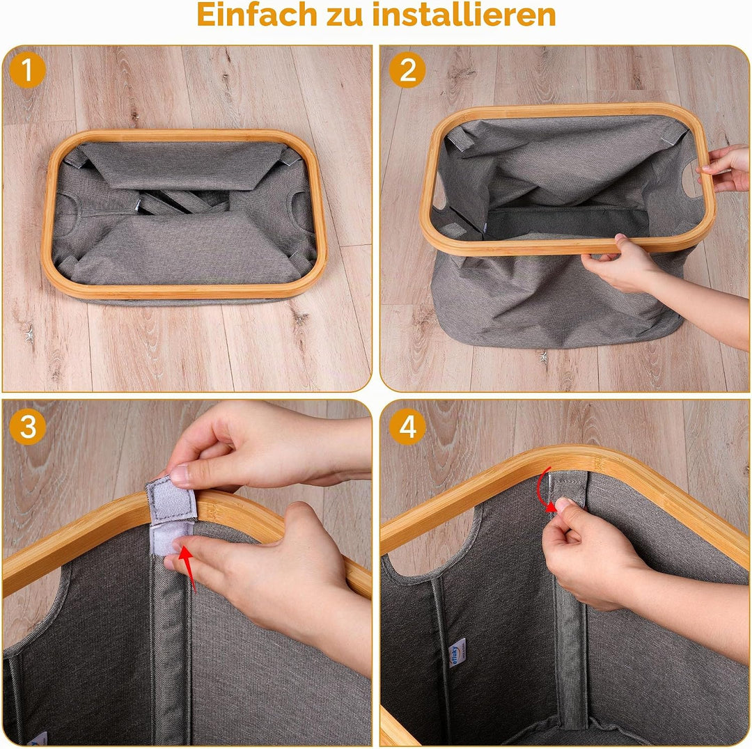 efluky Faltbarer Wäschekorb 50L, Bambus Stoff Faltbarer Storage Basket, Aufbewahrung Klappbar Wäsche