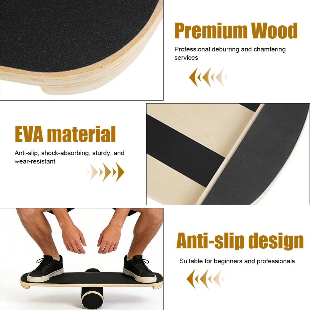 Balance Board, Holz-Gleichgewichtsboard mit verstellbaren Stoppern und Korkrolle – Ideal für Hockey,