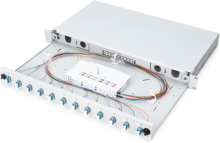 DIGITUS LWL Spleissbox 12 Kupplungen - LC - OS2-1HE 19-Zoll - Single-Mode Duplex - Mit Spleiss-Kasse