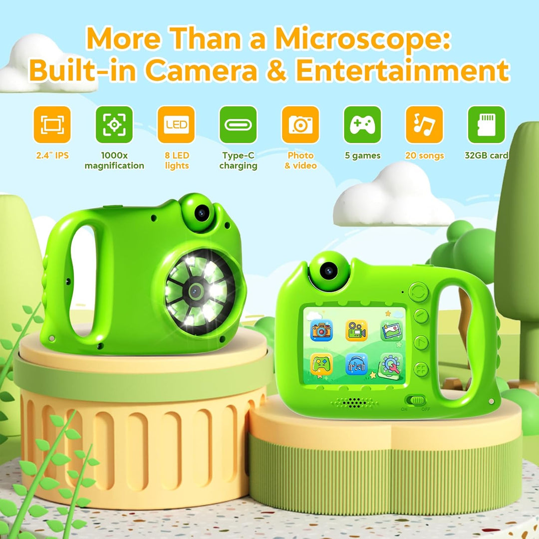 Mikroskop für Kinder, 1000X 4K Tragbares Digitales Mikroskop mit 2,4″ IPS-Display & 8 LED, Lernspiel